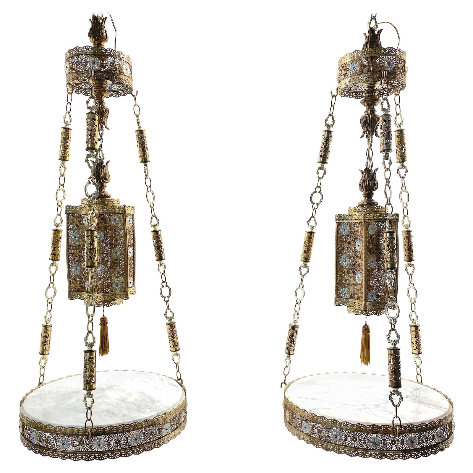 Set of 2 Moorish Brass Crystal Lanterns with Marble Tables Italy 1960s: Set of 2 Moorish Brass Crystal Lanterns with Marble Tables Italy 1960s Discover the allure of this pair of Exotic Moorish Hanging Brass & Crystal Lanterns with Marble Side Tables, a stunning addition 