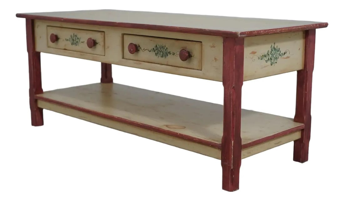 American Heritage Country Hand Painted Coffee Table with Dovetailed Drawers: American Heritage Country Hand Painted Coffee Table with Dovetailed Drawers This charming American Heritage Country Hand Painted Coffee Table showcases a delightful blend of functionality and rustic e