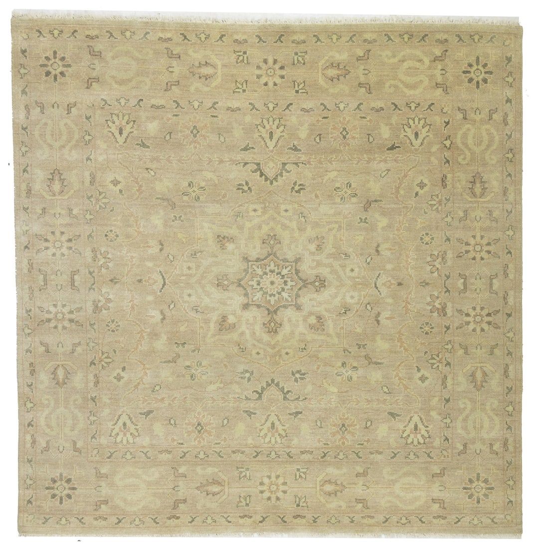 9'9 x 9'10 Hand-Knotted Wool Floral Transitional Area Rug Modern Indian Carpet: 9'9 x 9'10 Hand-Knotted Wool Floral Transitional Area Rug Modern Indian Carpet This hand-knotted transitional area rug features a modern floral pattern in muted tones of pinkish beige, cream, and brow