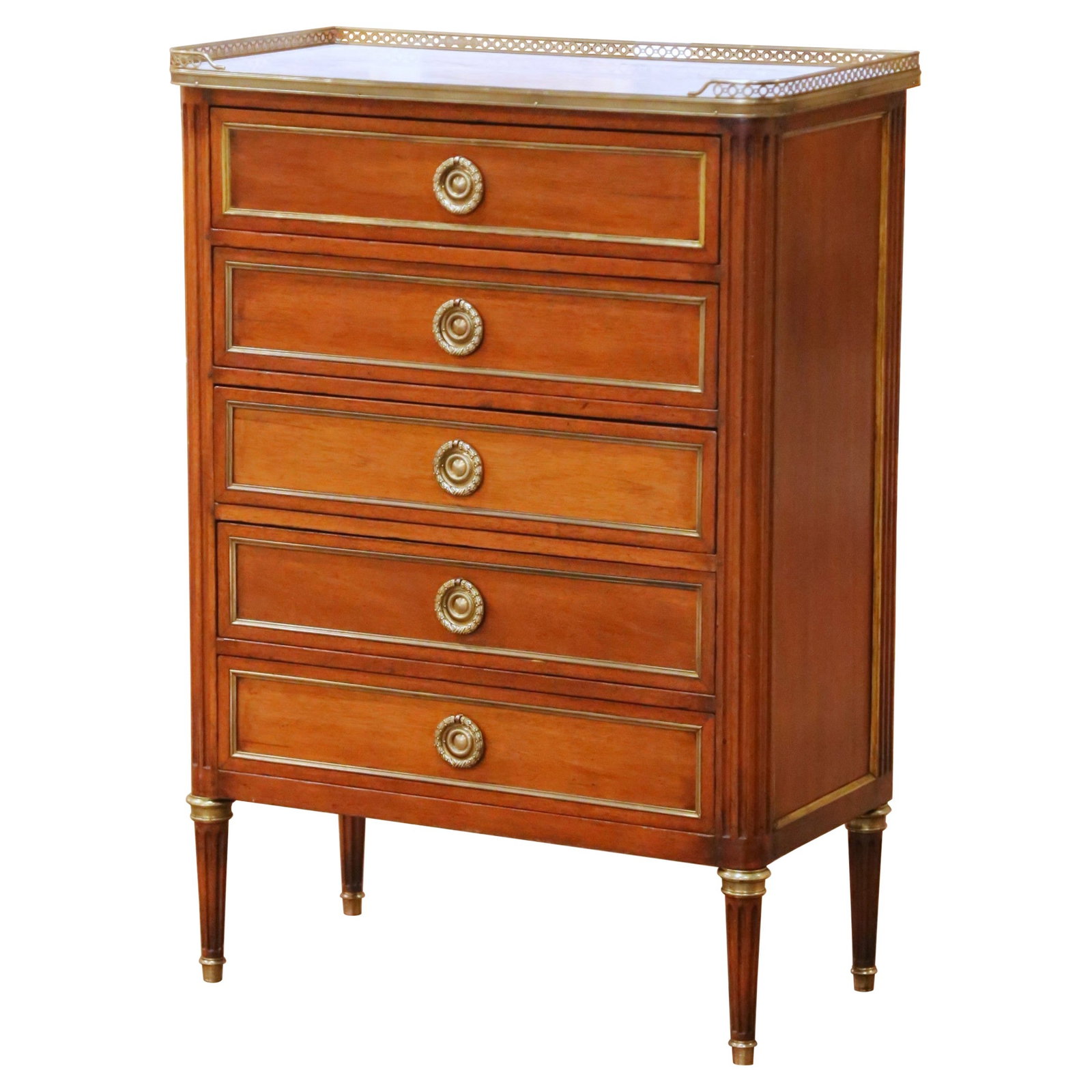 French Louis XVI Style Mahogany Semainier Marble Top by Andre Mailfert: French Louis XVI Style Mahogany Semainier Marble Top by Andre Mailfert An early 20th century French Louis XVI style marble top chiffonier by Andre Mailfert, crafted in France circa 1920. The piece is 