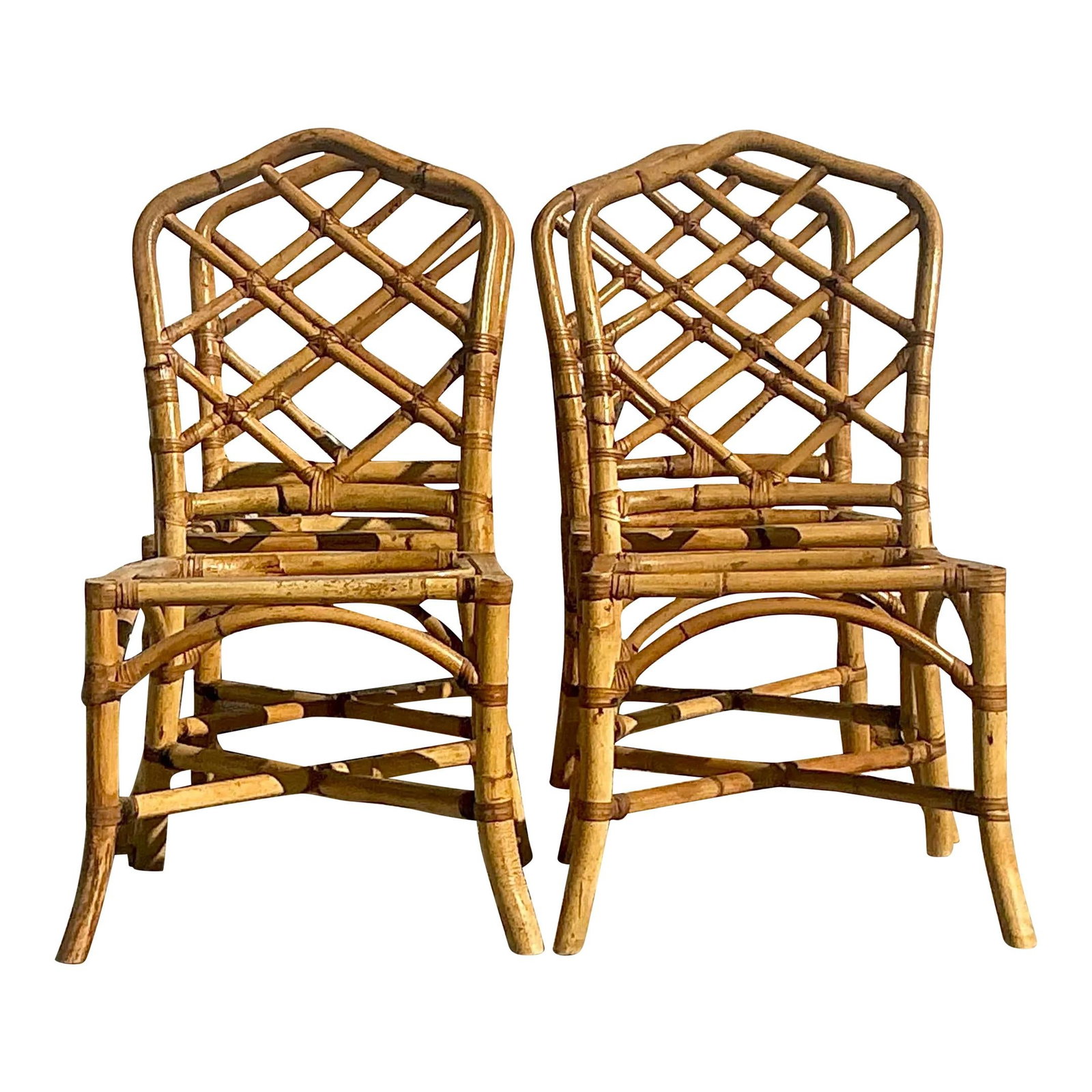 Vintage Coastal Bamboo Dining Chairs Set of 4 with Trellis Design: Vintage Coastal Bamboo Dining Chairs Set of 4 with Trellis Design Enhance your dining area with this set of four vintage coastal bamboo dining chairs, featuring a classic trellis back design. Crafted 