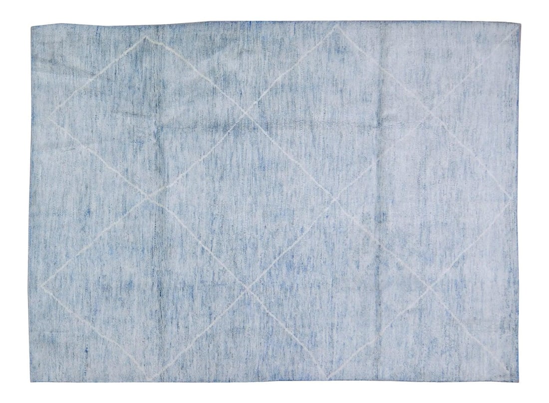 Contemporary Wool Beni Ourain Moroccan Rug in Blue 5'8 x 7'10 Hand Knotted: Contemporary Wool Beni Ourain Moroccan Rug in Blue 5'8 x 7'10 Hand Knotted This Moroccan Beni Ourain rug features a hand-knotted construction with natural colors and a soft texture. It showcases a con