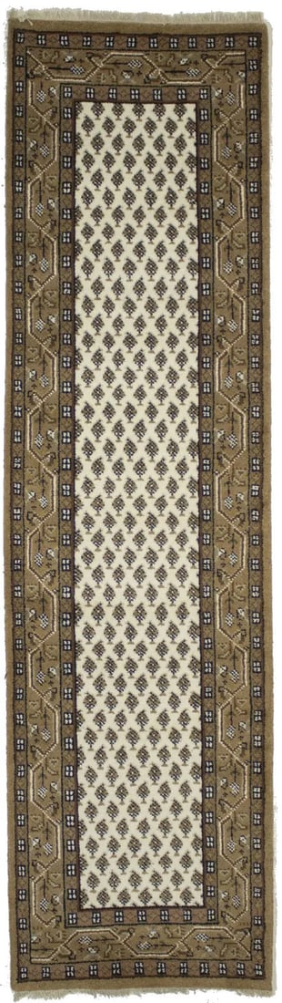 Hand Knotted Wool Floral Runner Rug 2'5 x 8'11: Hand Knotted Wool Floral Runner Rug 2'5 x 8'11 This handmade runner rug features an allover floral pattern in cream, brown, black, beige, olive, and gray tones. Crafted in India using a hand-knotted w