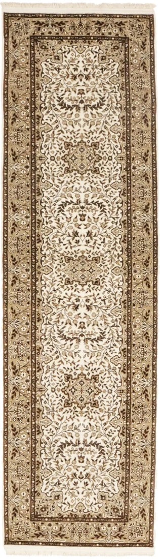 Hand-Knotted Wool Kirman Floral Runner 2'8 x 9'9: Hand-Knotted Wool Kirman Floral Runner 2'8 x 9'9 This handmade Kirman floral oriental runner rug features a classic design with a plush, high pile. Crafted from wool using a hand-knotted technique, it