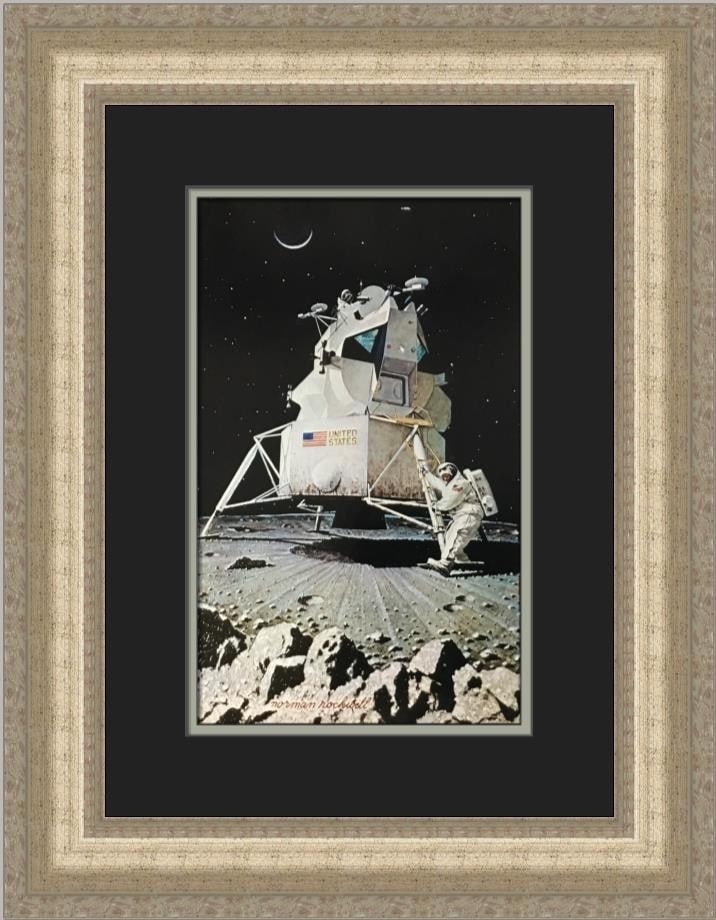 Norman Rockwell Moon Landing Open Edition Framed Print: Norman Rockwell Moon Landing Open Edition Framed Print This is a professionally custom-framed open edition offset lithograph print titled "Man's First Step On The Moon" by Norman Rockwell, produced in