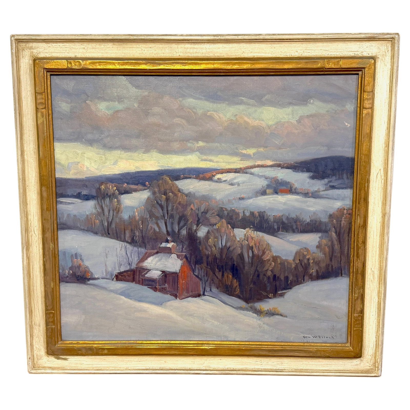 Framed Wilstach winter landscape with red barn oil painting (1 of 9)