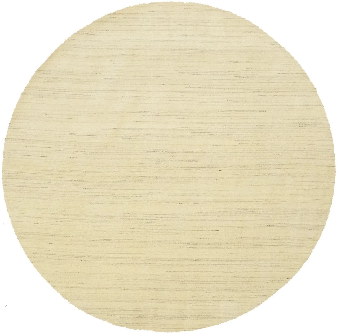 Hand-Loomed Gabbeh Wool Round Area Rug 7'8 Modern Cream Solid Design: Hand-Loomed Gabbeh Wool Round Area Rug 7'8 Modern Cream Solid Design This round Gabbeh area rug features a solid cream color and is hand-loomed from wool, offering a modern touch to any space. Crafted