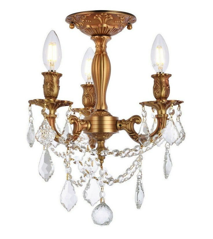 Rosalia 3-Light French Gold Semi-Flush Chandelier 13" with Royal Cut Crystals: Rosalia 3-Light French Gold Semi-Flush Chandelier 13" with Royal Cut Crystals Illuminate your space with this exquisite Crystal Flush Mount Chandelier, featuring a stunning French Gold finish. Designe