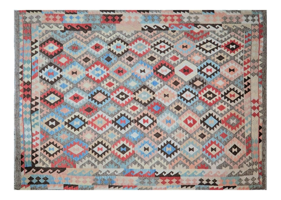 Vintage Maimana Kilim Rug Organic Wool Afghan Handwoven Geometric 7'x9'7": Vintage Maimana Kilim Rug Organic Wool Afghan Handwoven Geometric 7'x9'7" This vintage Afghan Maimana kilim is hand woven using organic wool and features a geometric pattern in natural colors. The rug