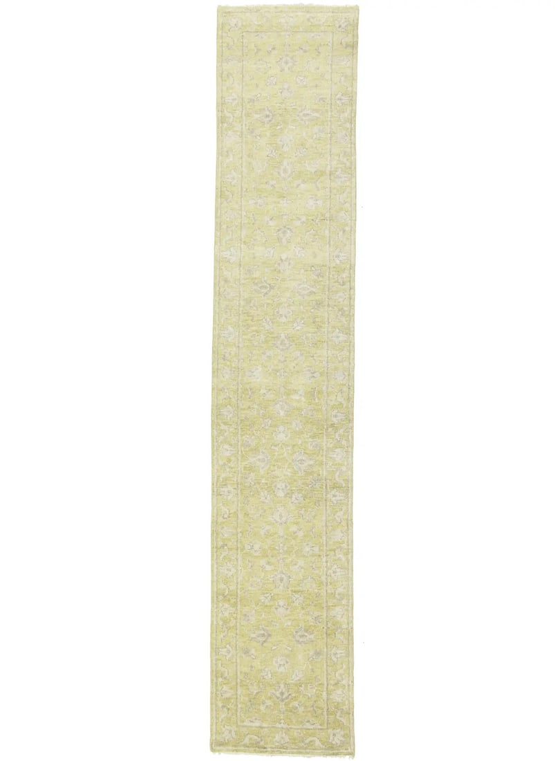 Hand Knotted Wool Transitional Floral Runner 2'8 x 13'11: Hand Knotted Wool Transitional Floral Runner 2'8 x 13'11 This hand-knotted transitional oriental runner rug features a modern floral pattern in muted tones of golden yellow, cream, and brown. Made fro
