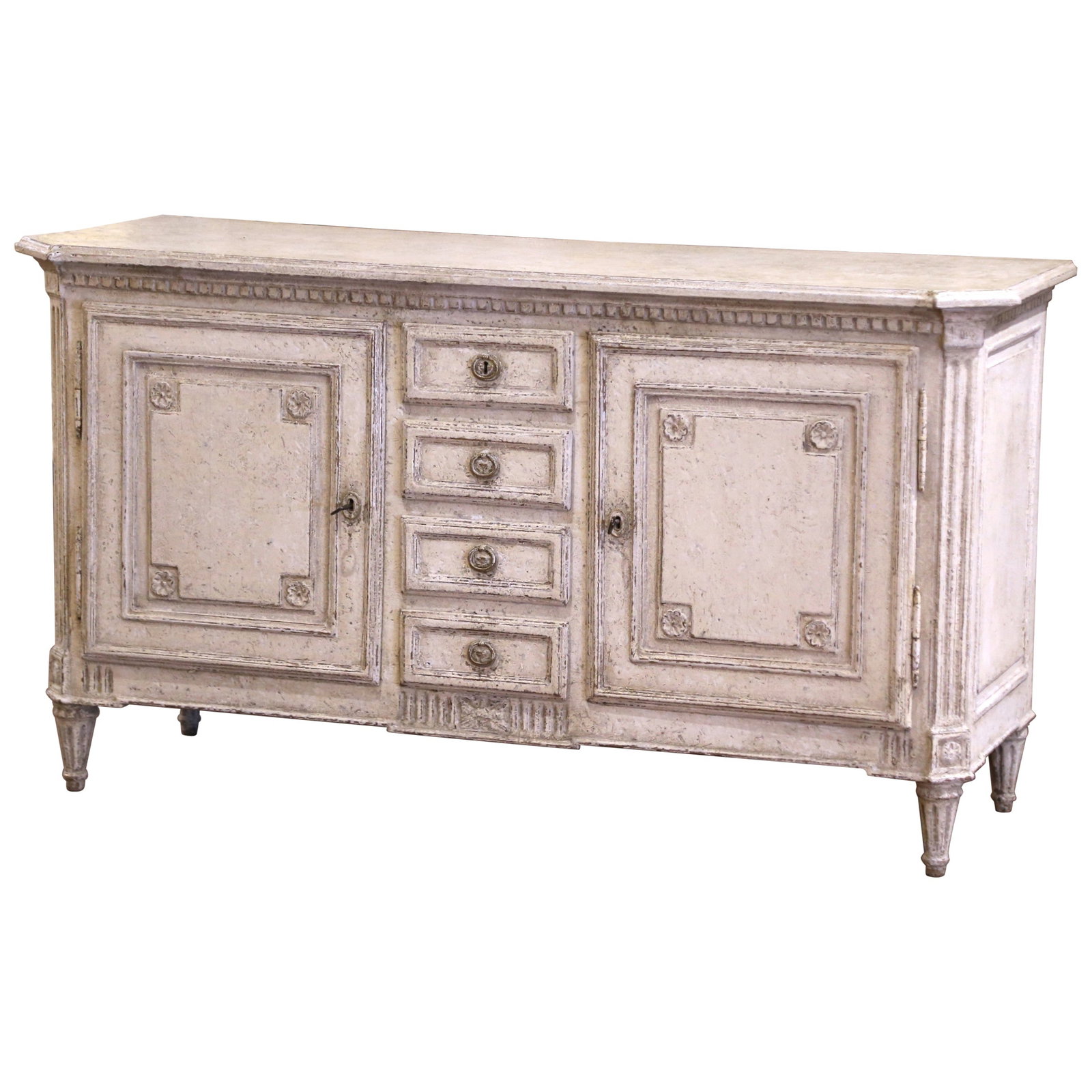19th Century French Louis XVI Painted Buffet with Two Doors and Four Drawers: 19th Century French Louis XVI Painted Buffet with Two Doors and Four Drawers Experience the charm of 19th-century French design with this exquisite Louis XVI carved painted buffet. Crafted circa 1880 