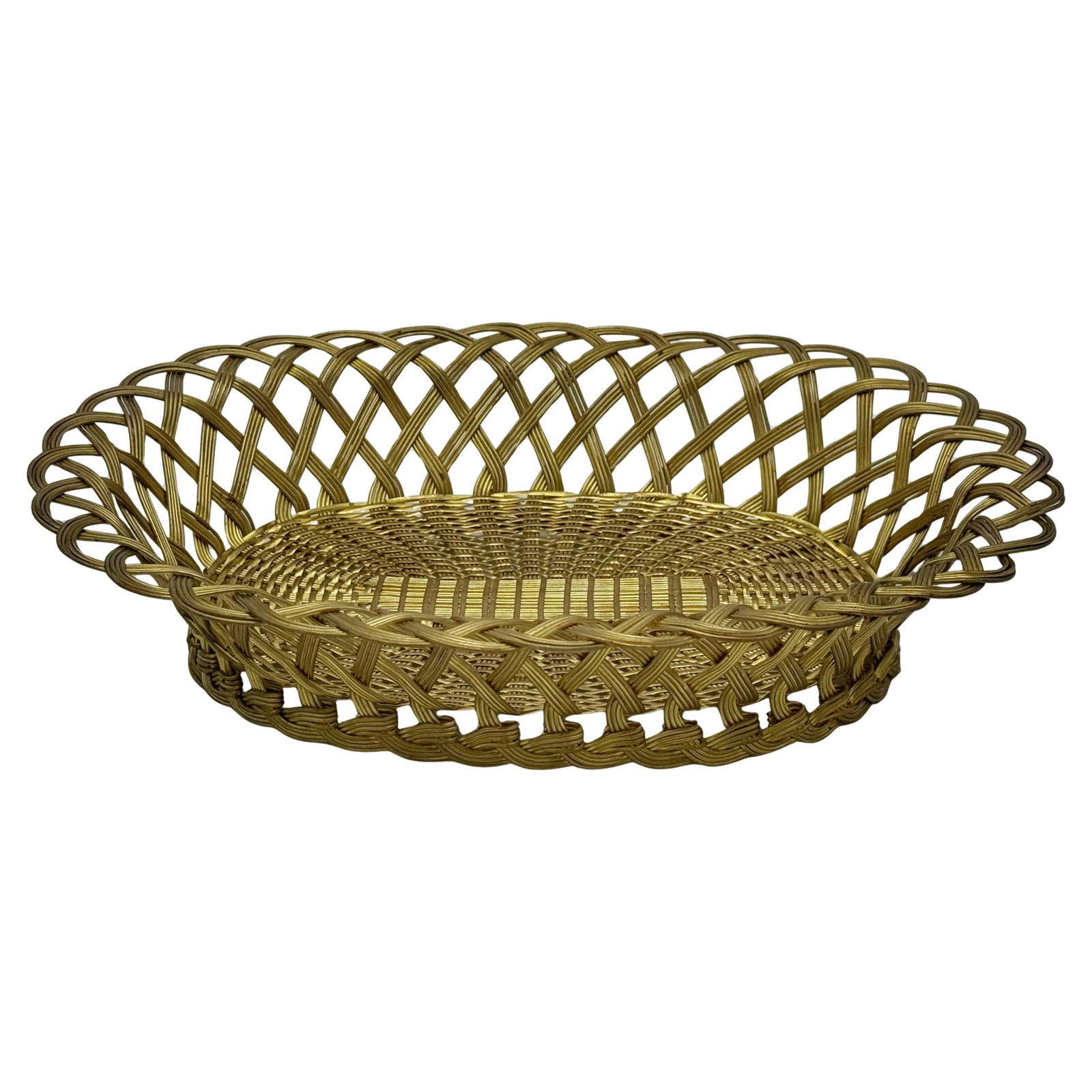French Gilt Brass Oval Wirework Basket Napoleon III Style 1870s: French Gilt Brass Oval Wirework Basket Napoleon III Style 1870s This elegant Napoleon III-period gilt brass oval basket from France, dating to the 1870s, showcases masterful hand-woven brass construct