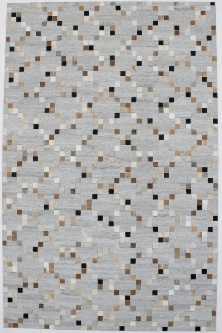 Handmade Gray Geometric Leather Area Rug 5'1 x 7'11 Modern Patchwork Carpet: Handmade Gray Geometric Leather Area Rug 5'1 x 7'11 Modern Patchwork Carpet This modern geometric cowhide rug features a stylish gray patchwork design, expertly hand-crafted from genuine leather. The 