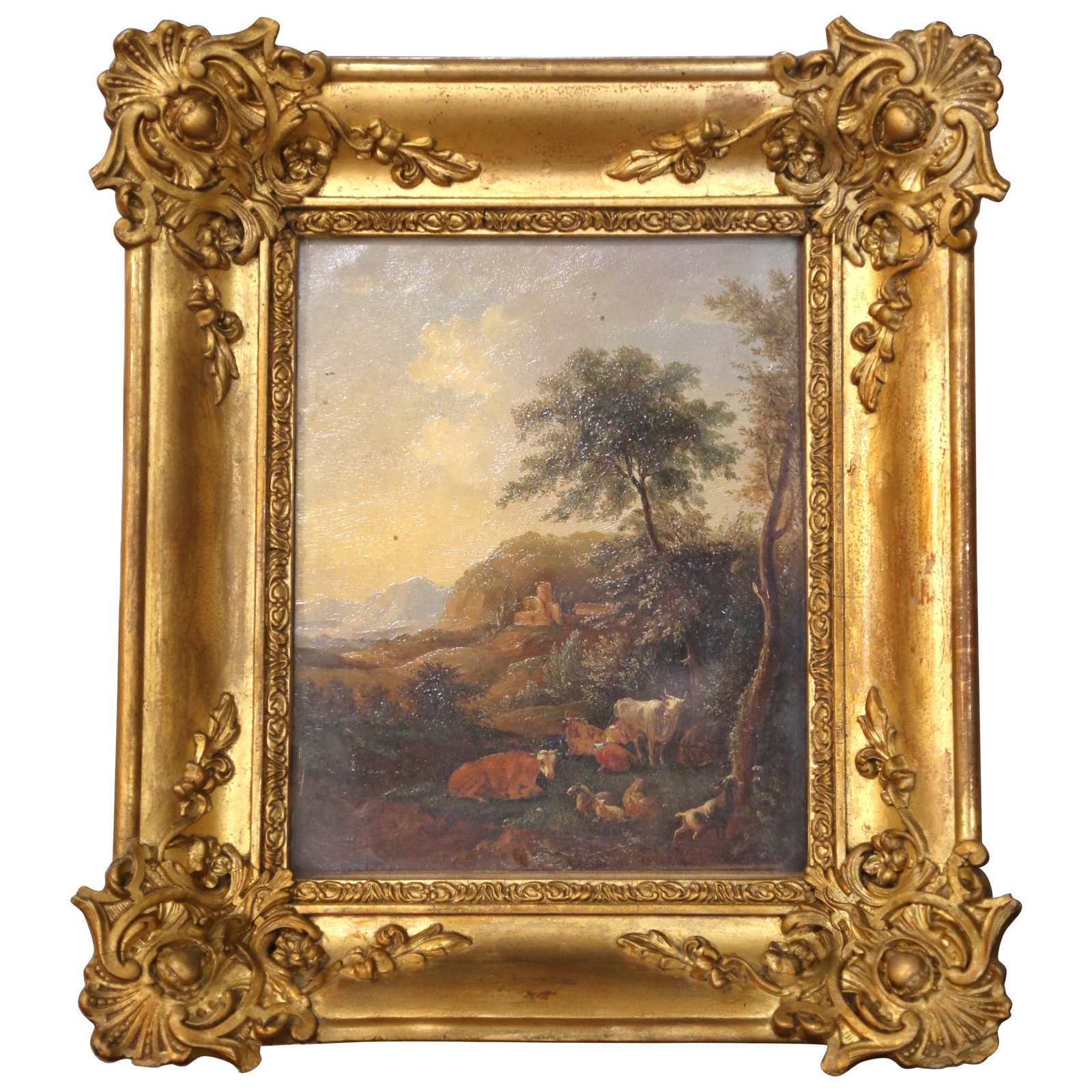 19th Century French Pastoral Landscape Painting Set of 2 in Gilt Frame: 19th Century French Pastoral Landscape Painting Set of 2 in Gilt Frame This exquisite late 19th-century French pastoral landscape painting is beautifully rendered on board and protected by glass withi