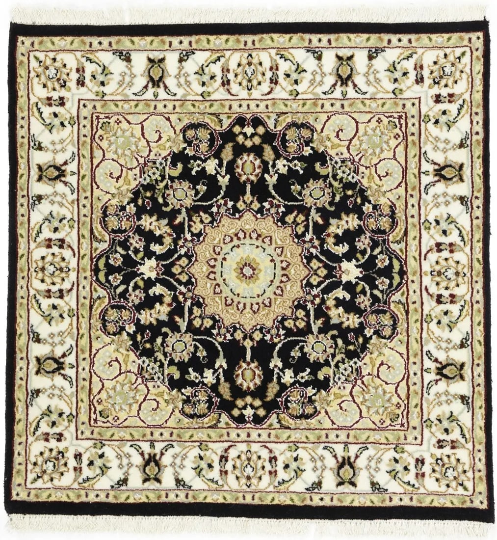 Handmade 5X5 ft Indo-Nain Floral Wool & Silk Area Rug: Handmade 5X5 ft Indo-Nain Floral Wool & Silk Area Rug This exquisite 5x5 ft square Indo-Nain traditional floral oriental rug is a stunning addition to any space. Handcrafted using a luxurious blend of