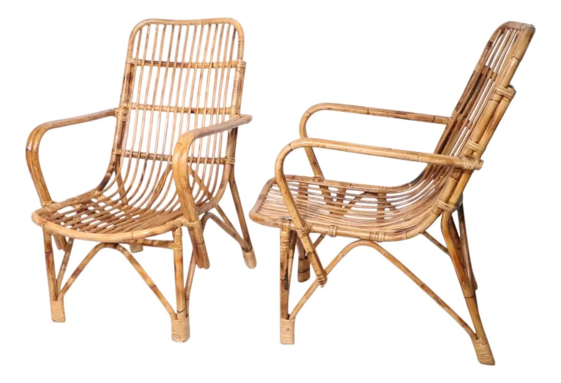 Pair of Mid Century Bamboo Rattan Coastal Lounge Chairs With Upholstered Pads (1 of 10)