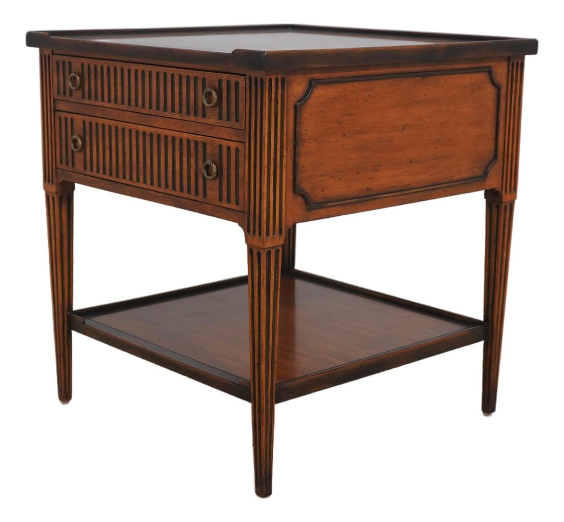 Theodore Alexander Country French 2 Drawer Lamp Table: Theodore Alexander Country French 2 Drawer Lamp Table The Theodore Alexander Country 2 Drawer Lamp Table is a beautifully crafted piece that showcases a Country French style with factory distressed de