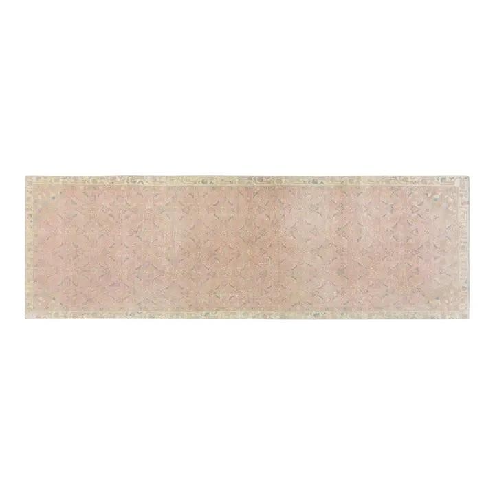 3'x9'8" Hand-Knotted Wool Turkish Rug in Tan: 3'x9'8" Hand-Knotted Wool Turkish Rug in Tan This vintage Turkish hand-knotted rug showcases traditional craftsmanship and a modern design sensibility. Expertly crafted from wool, it offers a soft, du