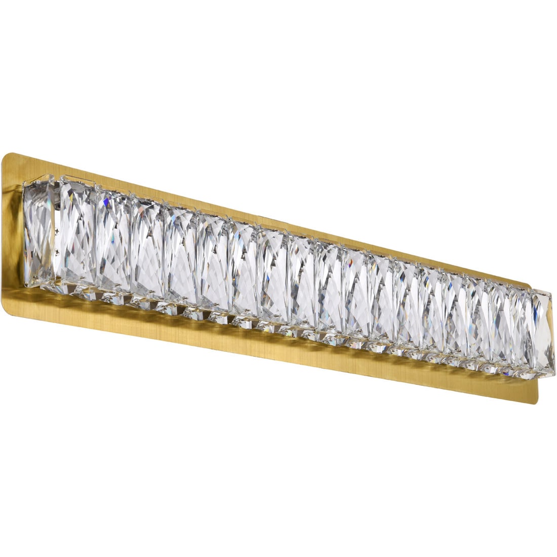 Monroe Gold Crystal LED Wall Sconce 24.4 Inch: Monroe Gold Crystal LED Wall Sconce 24.4 Inch This modern crystal wall sconce features a gold-finished, mirror-polished back plate that enhances the brilliance of royal cut clear crystals. Designed fo