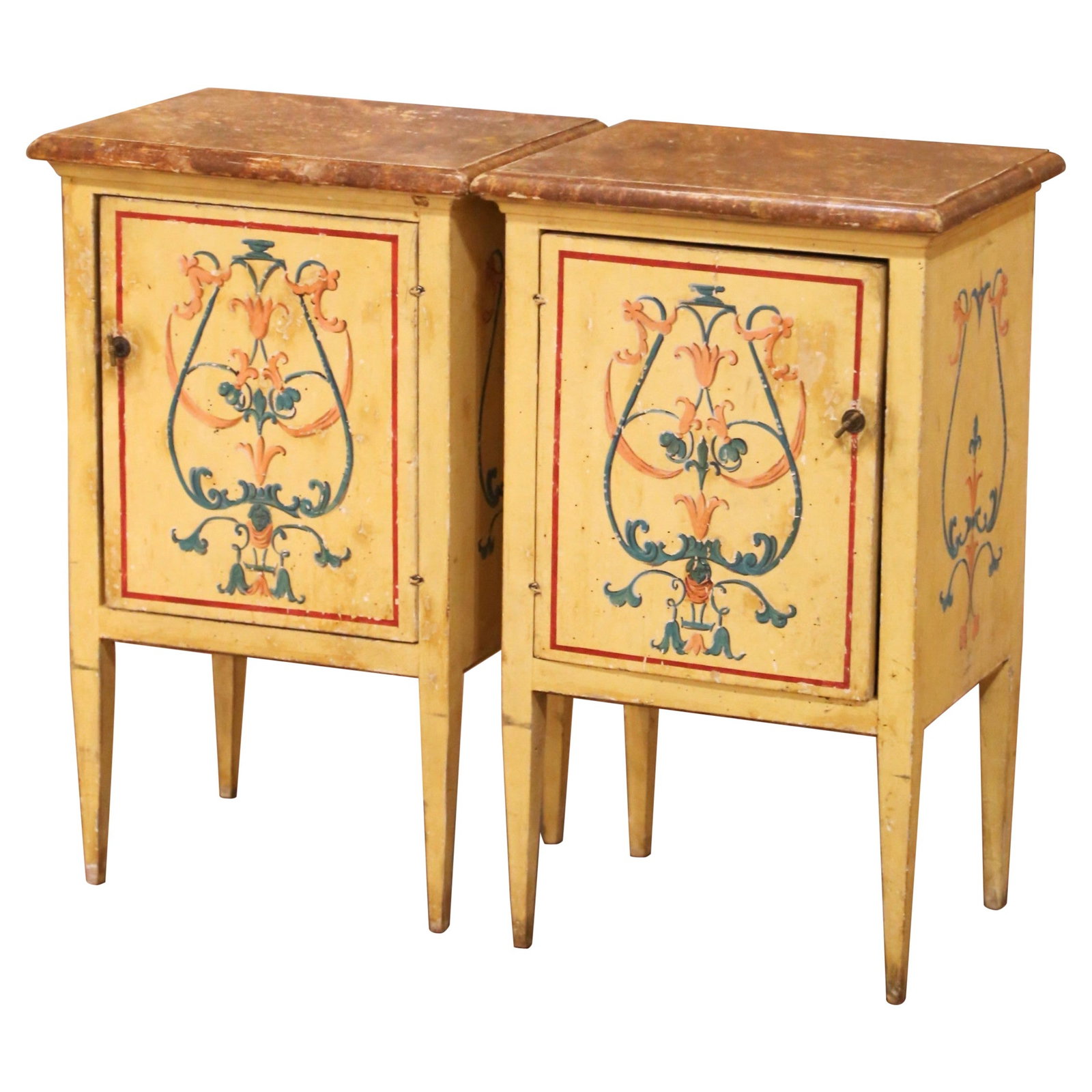 Set of 2 Italian Neoclassical Painted Oak Nightstands Faux Marble Tops (1 of 11)