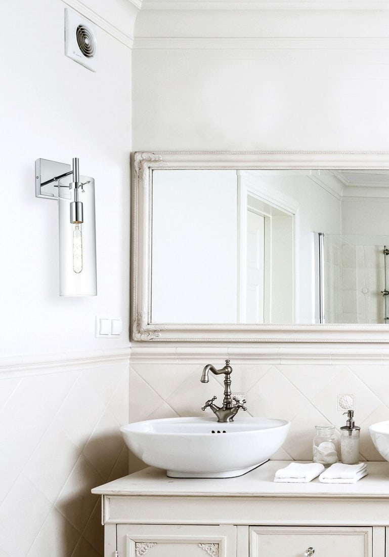 Savant Chrome Glass Wall Sconce 17.5 Inch: Savant Chrome Glass Wall Sconce 17.5 Inch This modern wall sconce features a chrome-plated metal base paired with a clear glass round shade. Designed for indoor installation, it is suitable for a vari