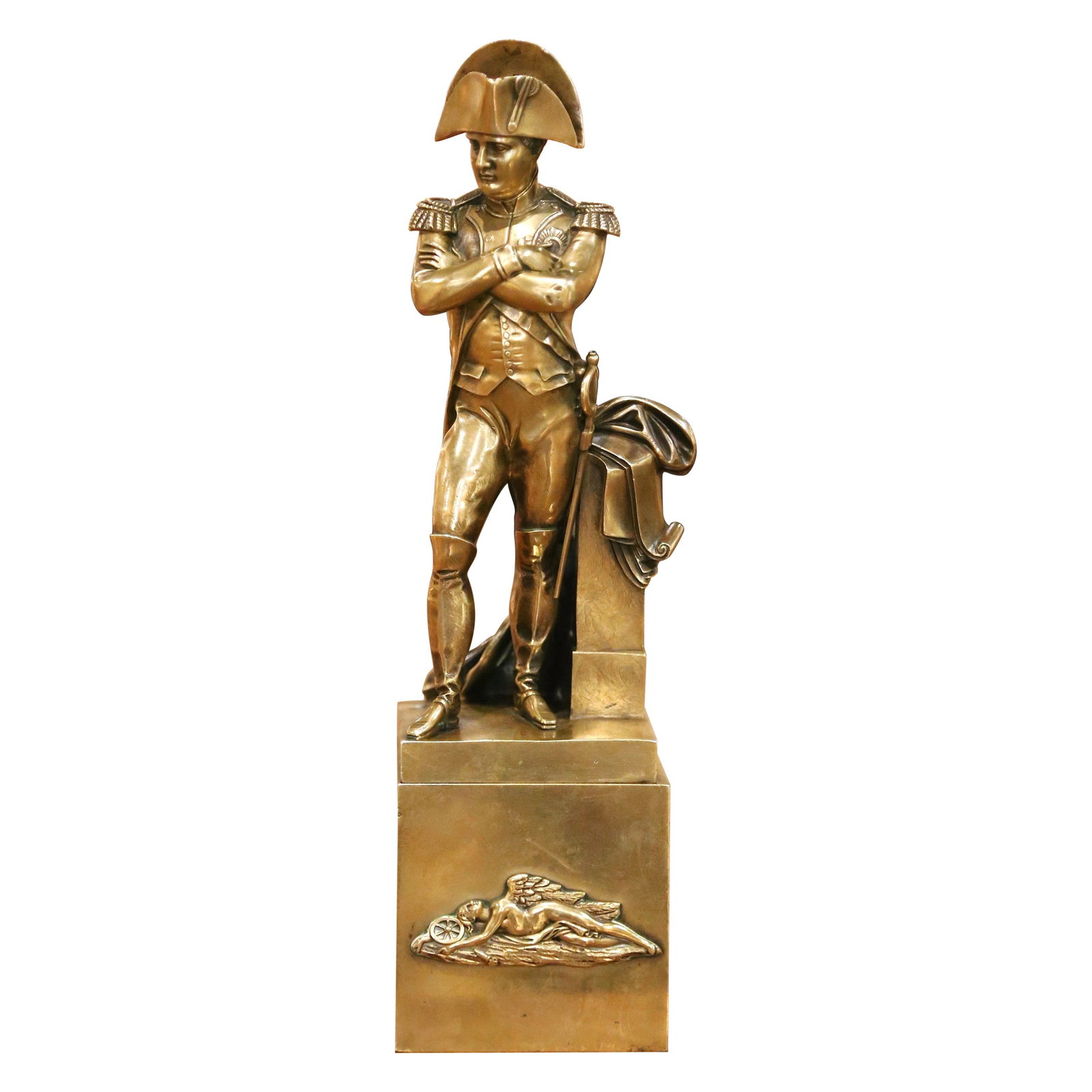 Gilt Bronze Napoleon Statue in Empire Style After Boizot Circa 1950 France: Gilt Bronze Napoleon Statue in Empire Style After Boizot Circa 1950 France This mid-century gilt bronze sculpture, crafted in the French Empire style, depicts Emperor Napoleon Bonaparte in his iconic 