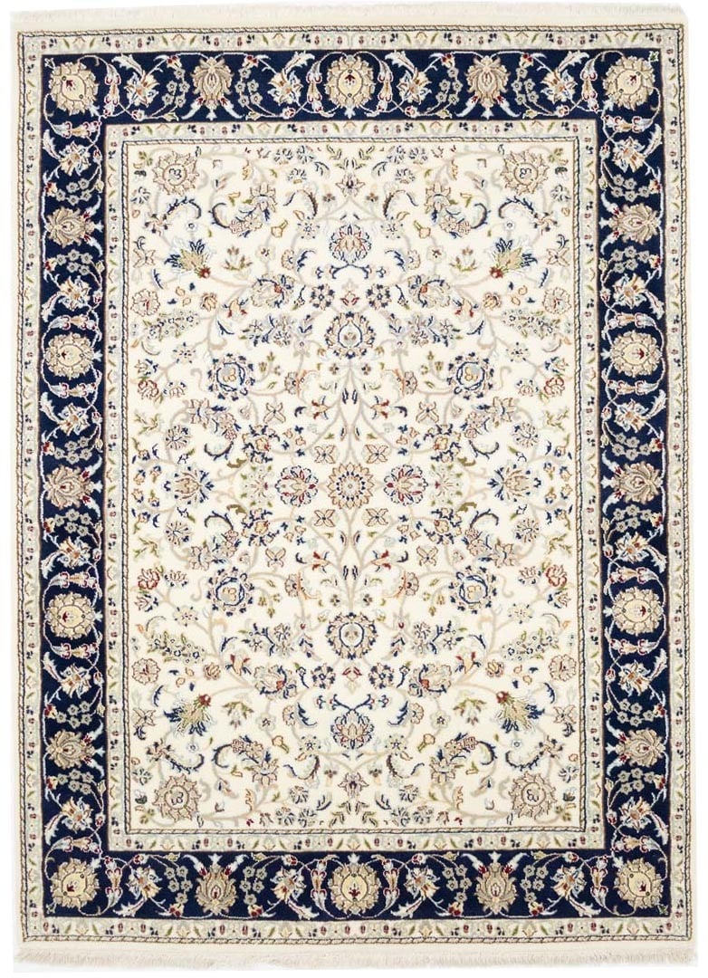 Hand-Knotted Indo-Nain Wool and Silk Floral Rug 5x7 Cream Modern Design: Hand-Knotted Indo-Nain Wool and Silk Floral Rug 5x7 Cream Modern Design This hand-knotted Indo-Nain area rug features a refined floral design in a cream color palette complemented by accents of dark n