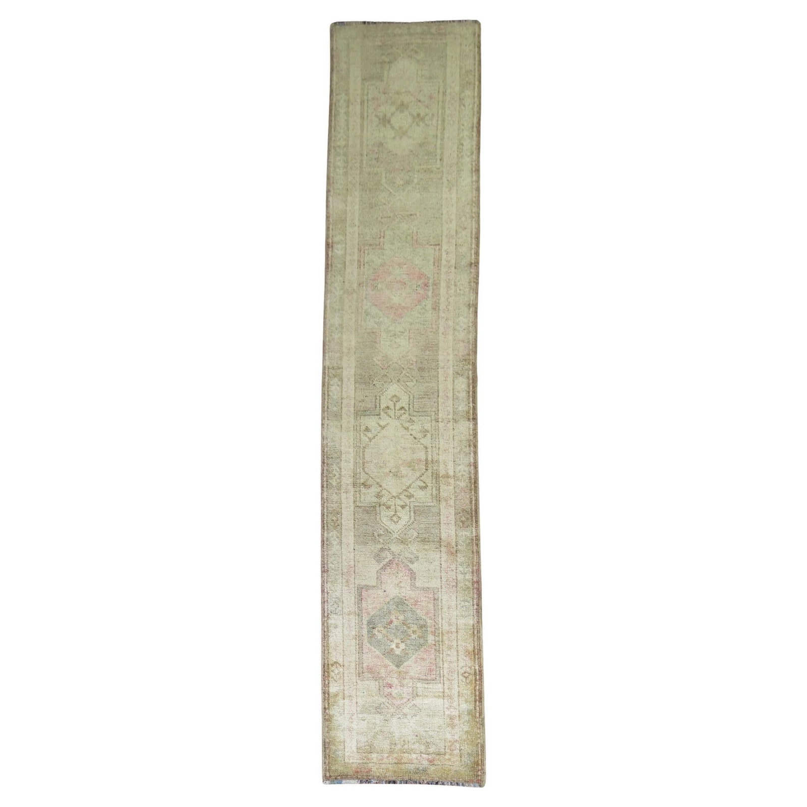 31 x 156 Inch Wool Tribal Turkish Runner Rug Mid 20th Century: 31 x 156 Inch Wool Tribal Turkish Runner Rug Mid 20th Century This vintage Turkish runner features a large-scale pale geometric tribal medallion design throughout. Hand-knotted from wool, this piece o