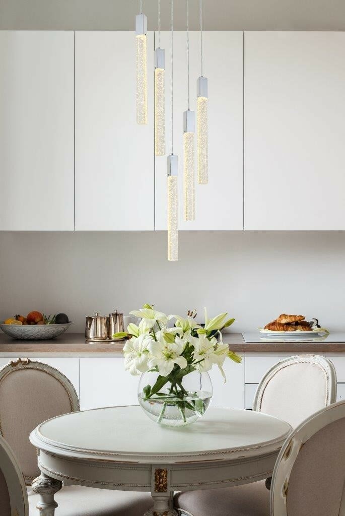 Weston 5-Light Chrome Crystal Pendant Chandelier 20 in Adjustable Height: Weston 5-Light Chrome Crystal Pendant Chandelier 20 in Adjustable Height This modern pendant chandelier from the Weston Collection features five clear seeded crystal bar lights set in a polished chrom