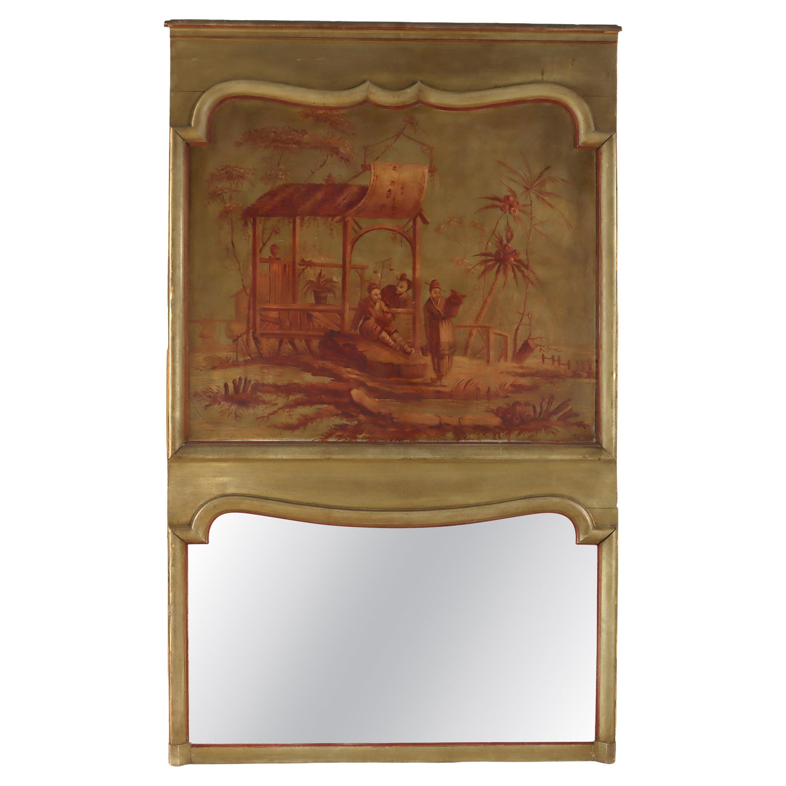 19th Century French Trumeau Mirror With Chinoiserie Oil Painting Panel: 19th Century French Trumeau Mirror With Chinoiserie Oil Painting Panel This large 19th-century French Trumeau mirror features a wood frame with a distressed gilt and painted finish. The upper section 