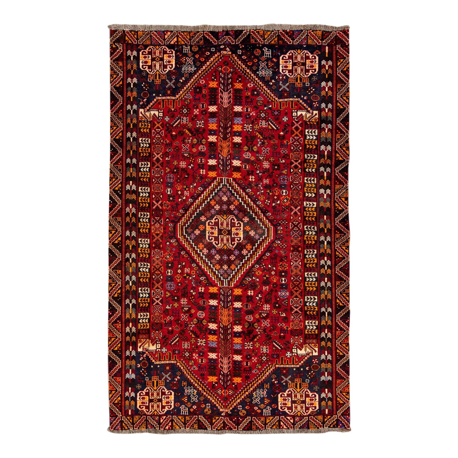 Vintage Handmade Shiraz Red Medallion Wool Rug 5'2" x 10'5": Vintage Handmade Shiraz Red Medallion Wool Rug 5'2" x 10'5" Enhance your living space with this stunning Vintage Handmade Shiraz Red Medallion Wool Rug. This exquisite piece features a vibrant red fie