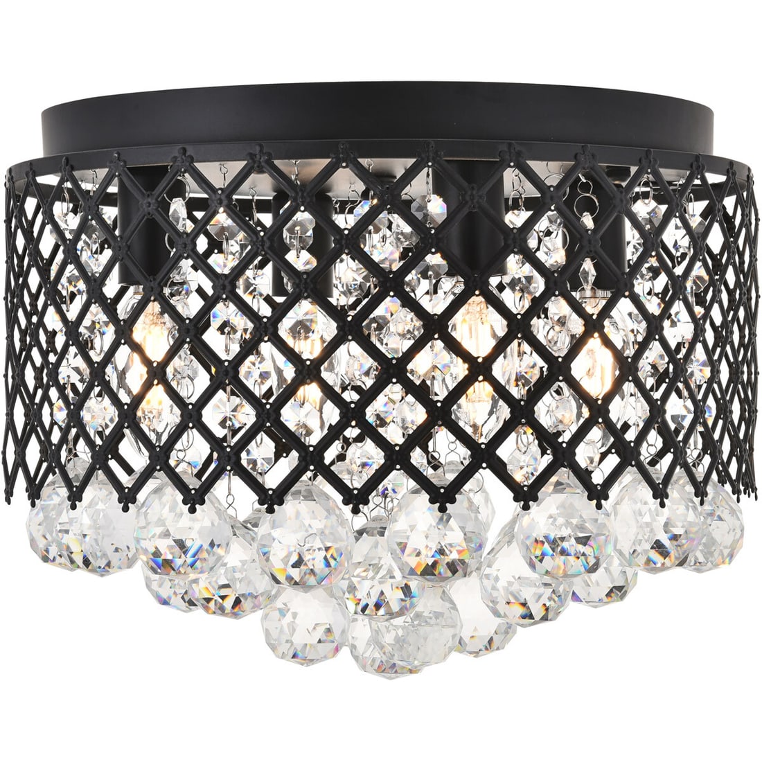 Living District Tully 4 Light Flush Mount Crystal Chandelier Matte Black 13.5 in: Living District Tully 4 Light Flush Mount Crystal Chandelier Matte Black 13.5 in Modern 4-light flush mount chandelier in matte black with clear crystal balls. It is hardwired for indoor installation 