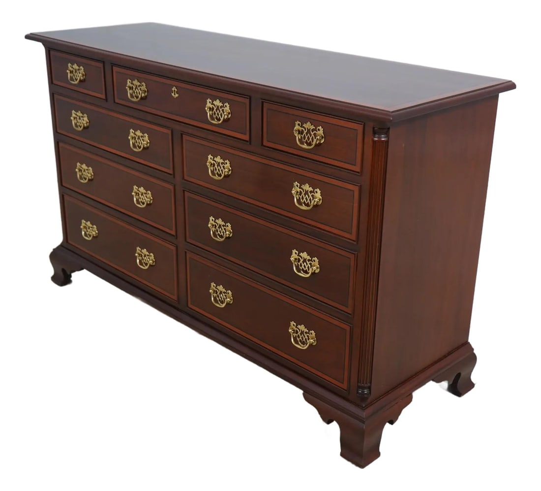 Stickley Chippendale Mahogany Dresser with Ebony Inlay: Stickley Chippendale Mahogany Dresser with Ebony Inlay Introducing a stunning Stickley Chippendale Mahogany Bedroom Dresser, crafted around the year 2000. This exquisite piece features a rich mahogany