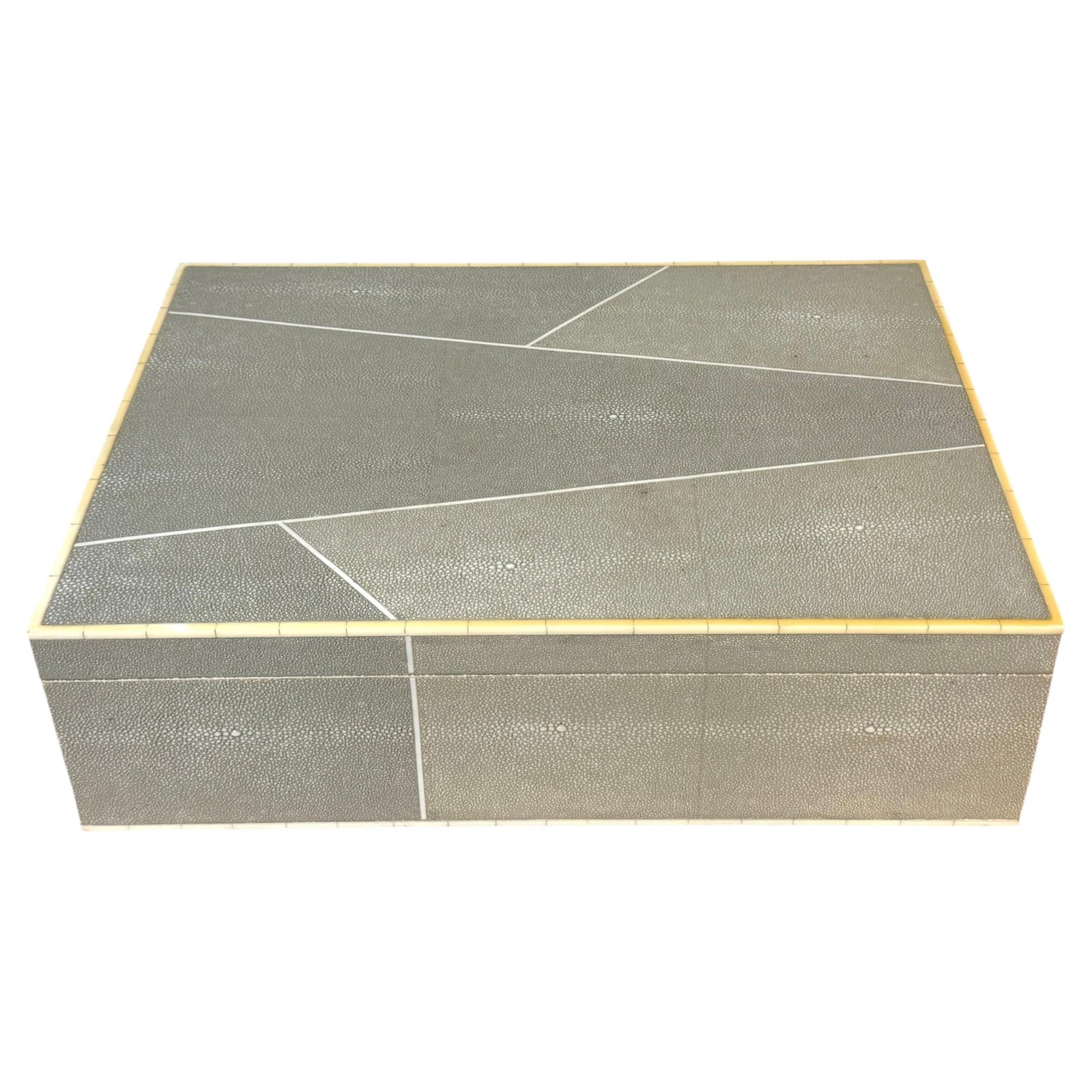 Modern Geometric Faux Shagreen Decorative Box: Modern Geometric Faux Shagreen Decorative Box This monumental decorative box features a striking modern geometric design, clad in richly textured faux shagreen with contrasting ivory-toned trim. The e