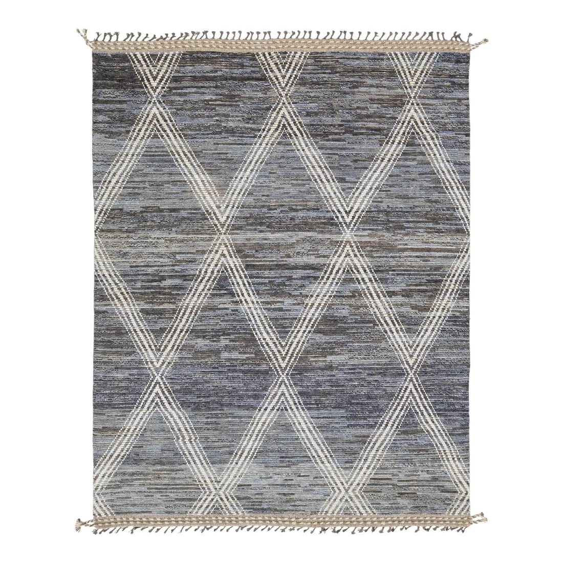 8' x 10'5" Handcrafted Wool Rug Blue Diamond Trellis Pattern: 8' x 10'5" Handcrafted Wool Rug Blue Diamond Trellis Pattern Handcrafted wool rug with a modern Moroccan-inspired design, blending traditional Berber weaving with contemporary style. It features a lar