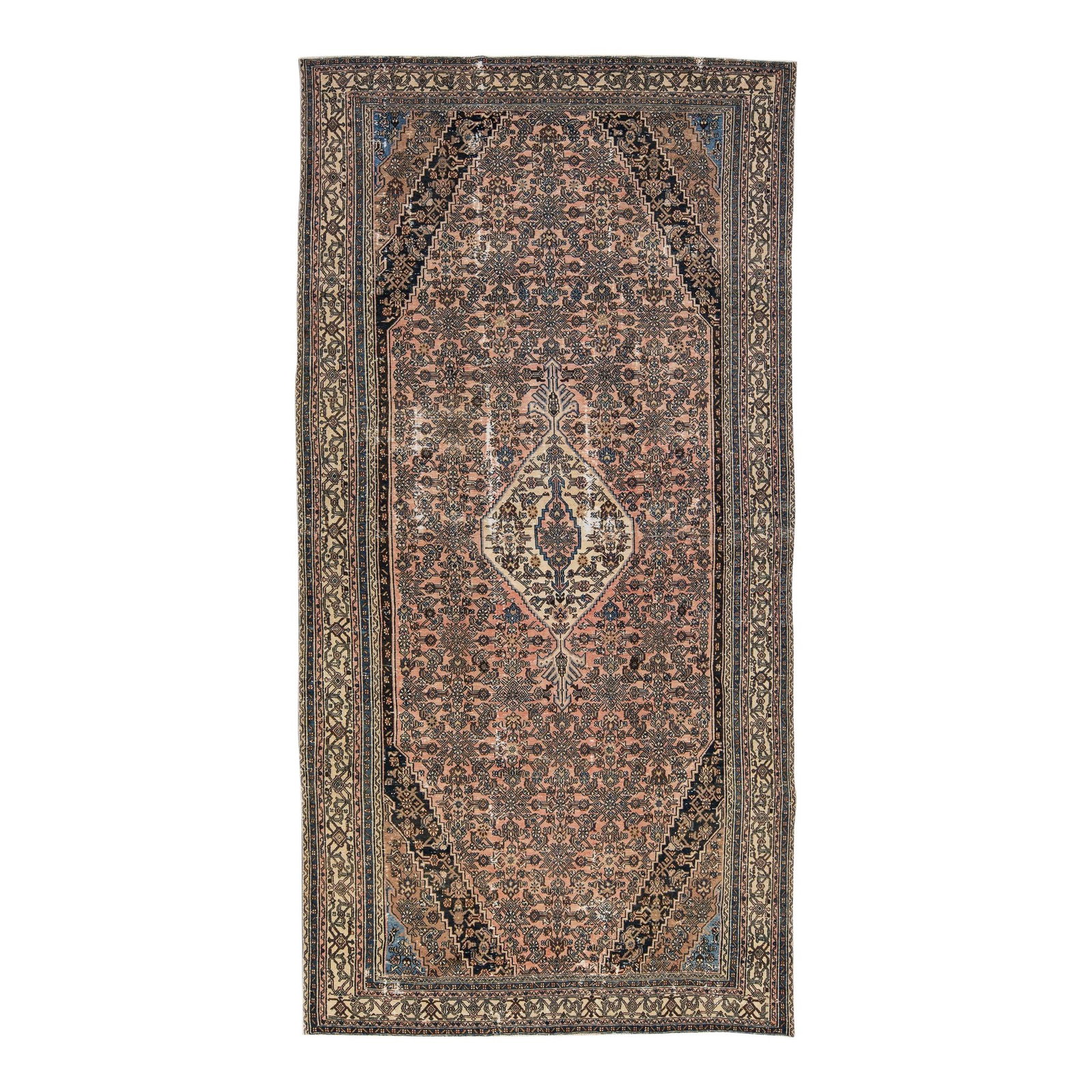 Vintage Pink Persian Hand-Knotted Wool Rug 8'8 x 16'9: Vintage Pink Persian Hand-Knotted Wool Rug 8'8 x 16'9 This stunning Vintage Persian rug features a beautifully distressed hand-knotted design, showcasing a vibrant pink color field framed by beige and
