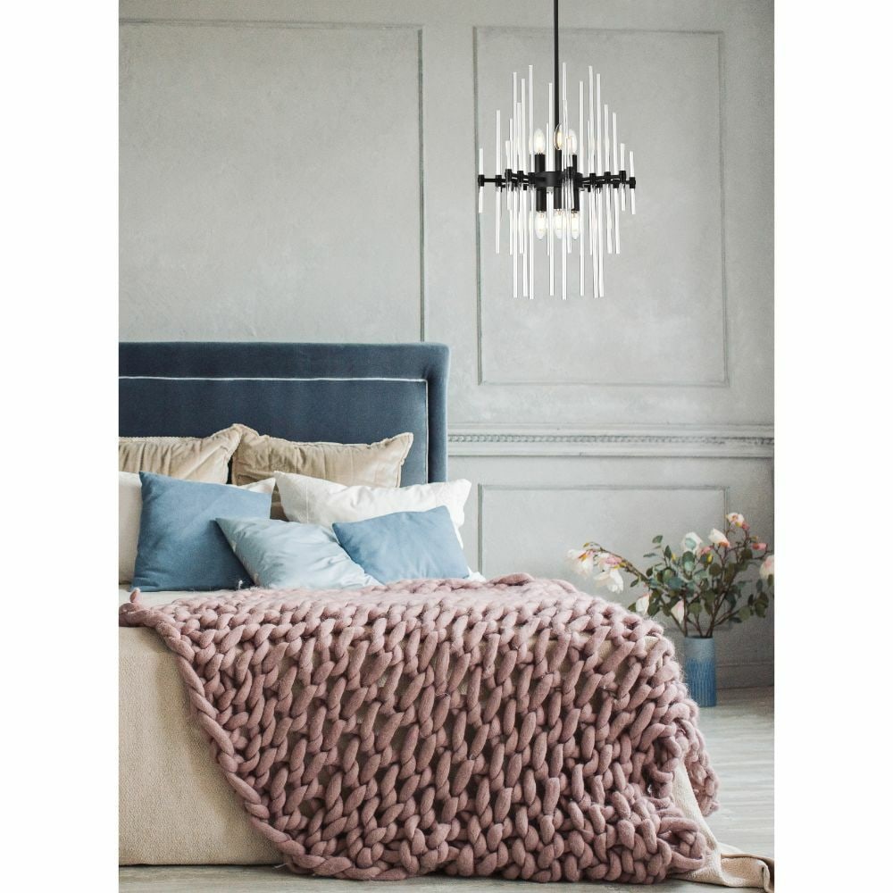 Sienna Black Glass Rod Sputnik Pendant 6 Light Chandelier: Sienna Black Glass Rod Sputnik Pendant 6 Light Chandelier This modern Sputnik-style chandelier features a black frame with clear glass rods, offering a striking centerpiece for dining rooms, kitchens,