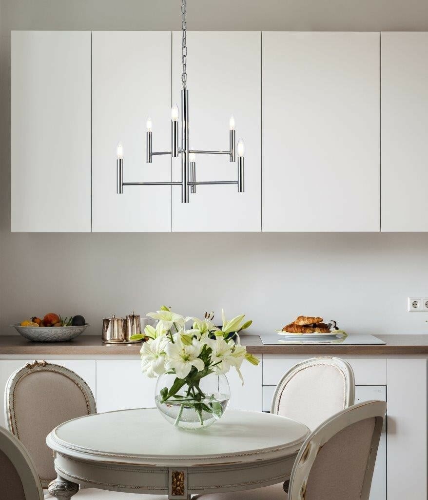 Carmella 6 Light Chrome Pendant Ceiling Fixture: Carmella 6 Light Chrome Pendant Ceiling Fixture Modern chrome 6-light pendant chandelier designed for indoor use, with a polished finish and frame-only construction. It features a hardwired power sour