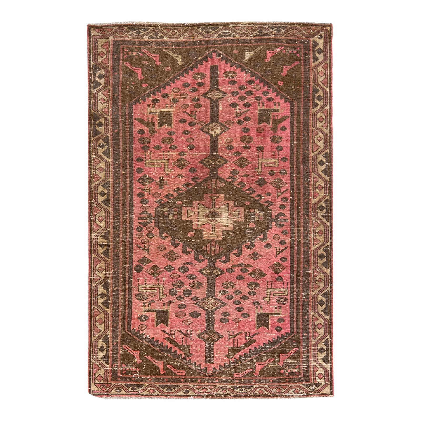 Vintage 1960s Persian Tribal Pink Wool Rug 3'2" x 4'9": Vintage 1960s Persian Tribal Pink Wool Rug 3'2" x 4'9" Discover the charm of this 1960s vintage Persian rug, hand-knotted from high-quality wool. Featuring a stunning pink color field framed by a beig