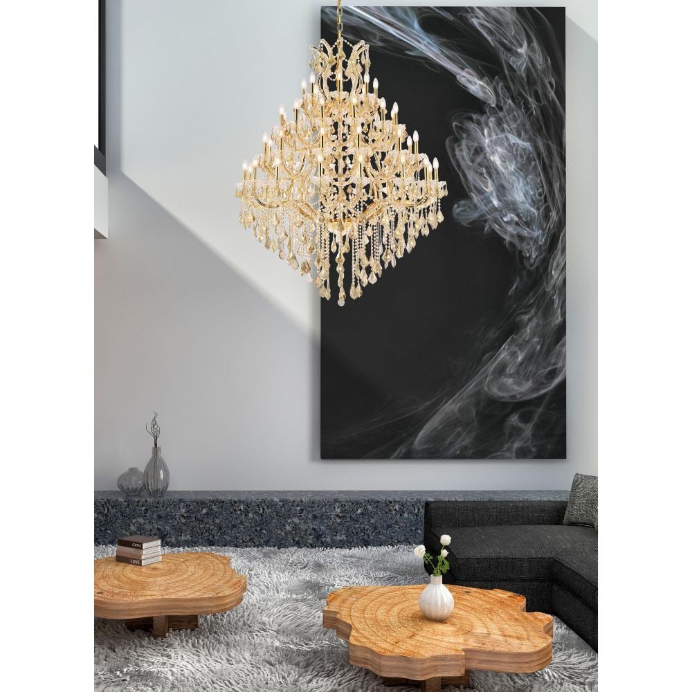 Maria Theresa 49 Light Gold Crystal Foyer Chandelier 46 x 62: Maria Theresa 49 Light Gold Crystal Foyer Chandelier 46 x 62 This large Maria Theresa chandelier features an elegant gold-plated frame adorned with royal cut golden teak (smoky) crystal accents. Desig