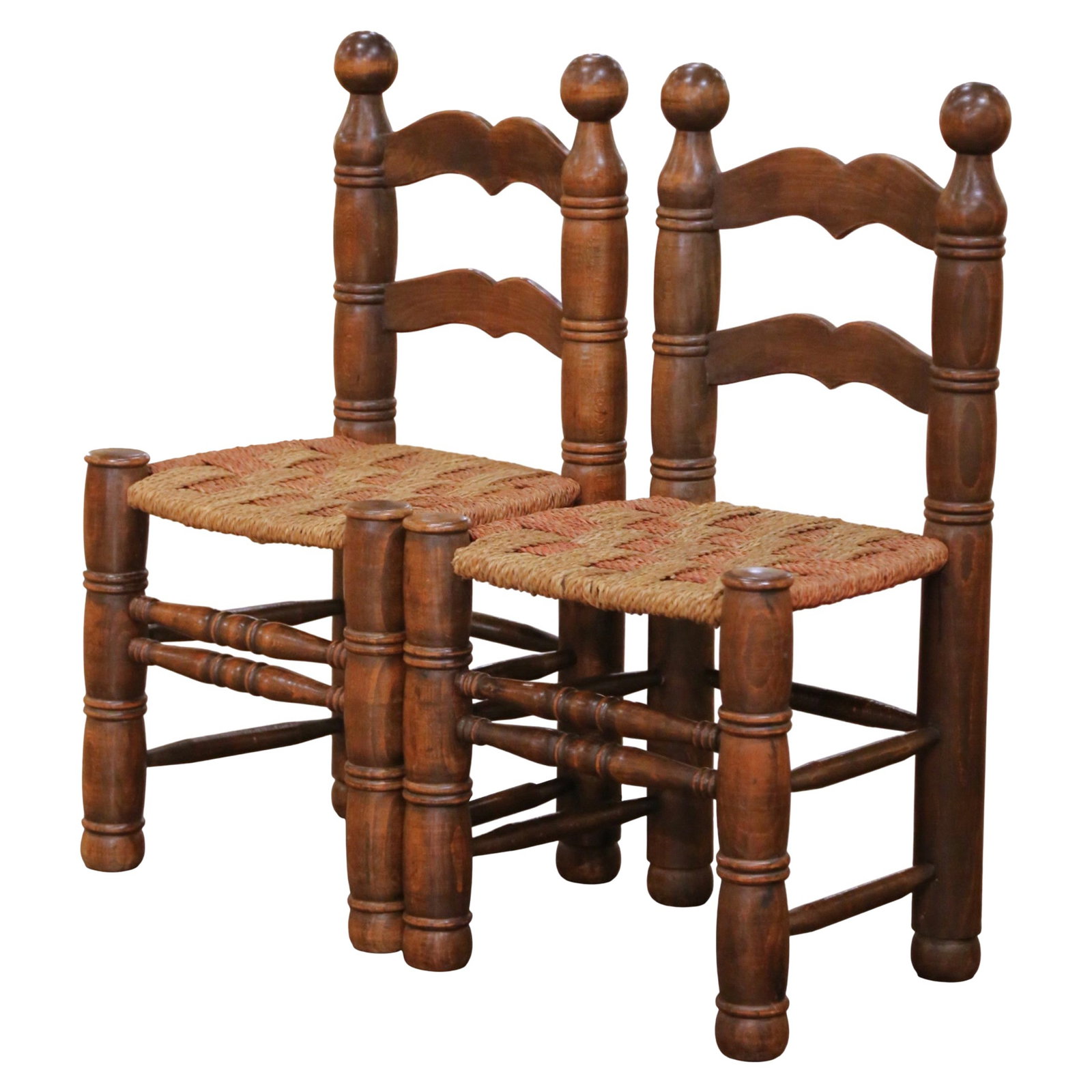 Set of 2 French Provincial Oak Ladder Back Chairs With Rush Seats Circa 1920 (1 of 9)
