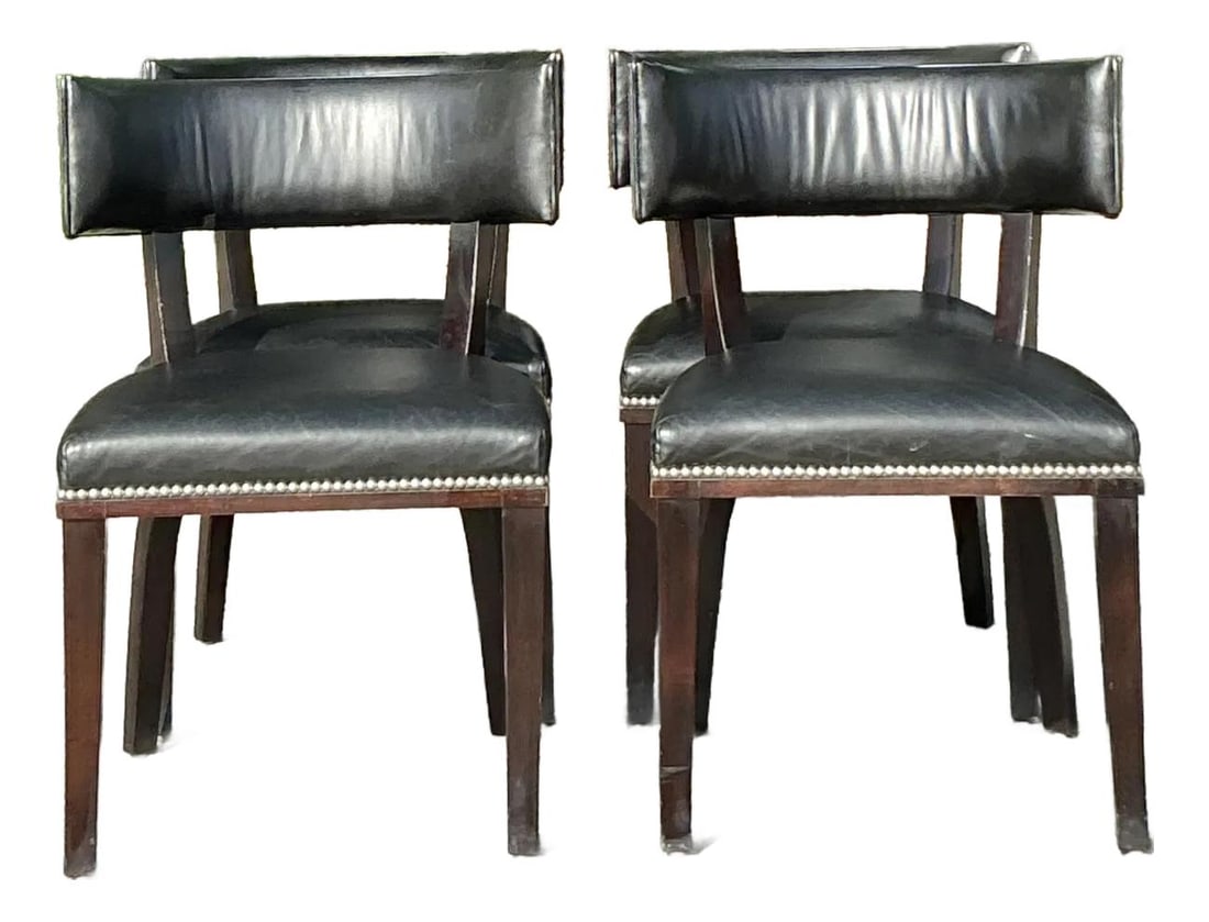 Vintage Ralph Lauren Clivedon Klismos Dining Chairs Set of 4 Black Leather: Vintage Ralph Lauren Clivedon Klismos Dining Chairs Set of 4 Black Leather This exquisite set of four vintage Klismos dining chairs, inspired by the iconic design, showcases the elegant craftsmanship 