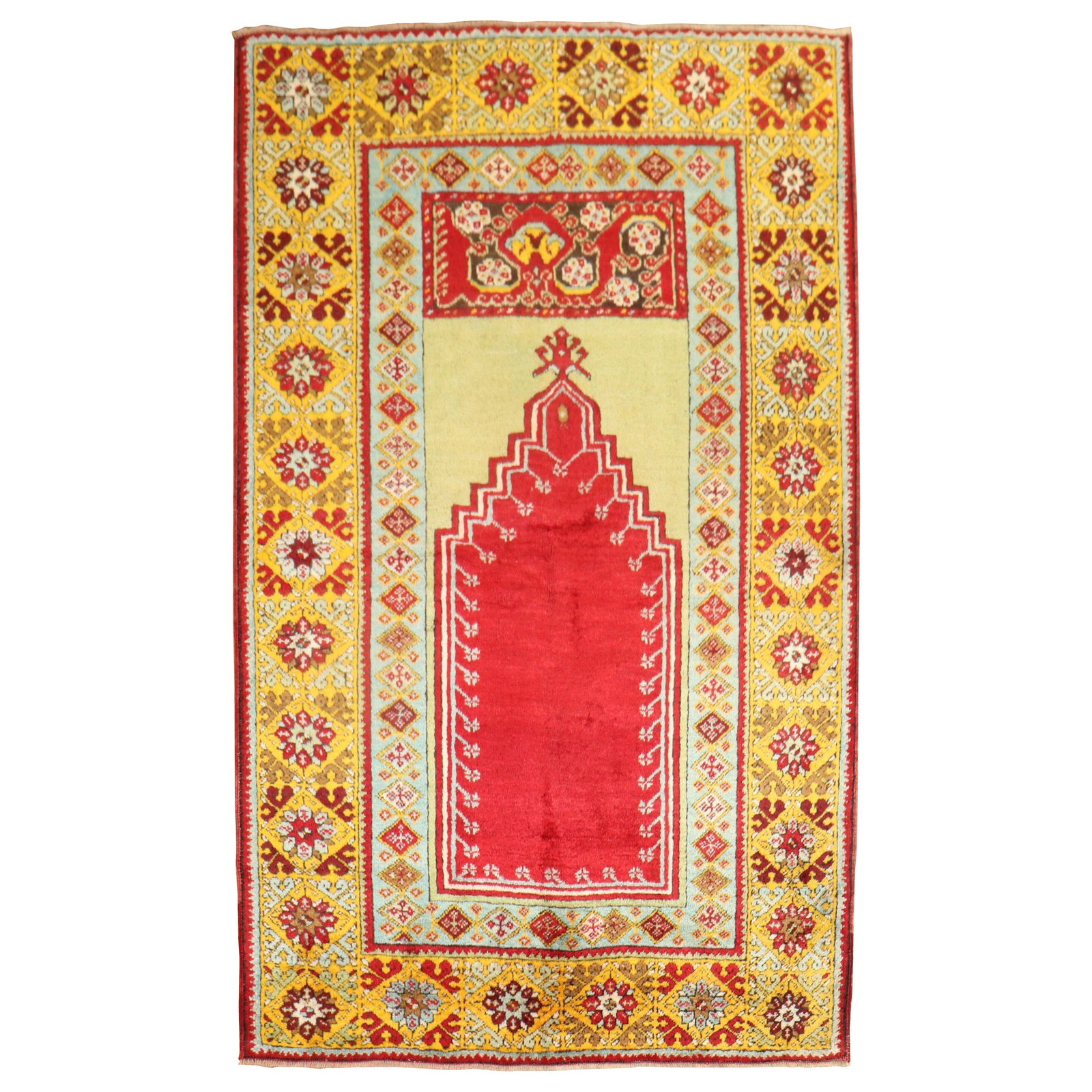 3'7'' x 5'6'' Wool Turkish Oushak Prayer Rug circa 1920: 3'7'' x 5'6'' Wool Turkish Oushak Prayer Rug circa 1920 Colorful antique Turkish Oushak prayer rug in Islamic style, made of wool and dated to circa 1920. This early 20th century piece is presented in