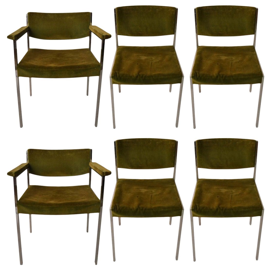 Harvey Probber Set of 6 Dining Chairs Chrome Green Fabric: Harvey Probber Set of 6 Dining Chairs Chrome Green Fabric This set of six Harvey Probber dining chairs features a sleek design with squared bright chrome frames. The set includes four side chairs and 