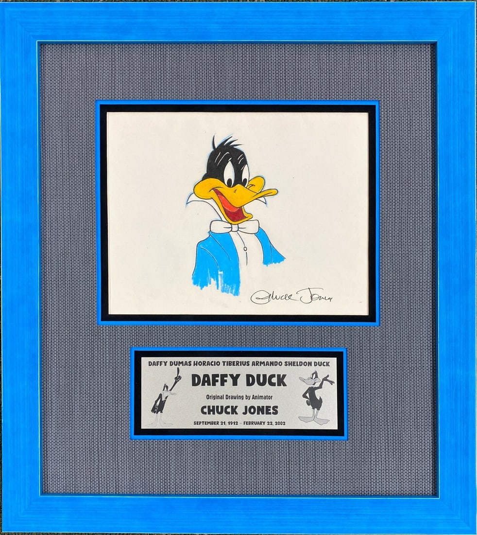 Daffy Duck Signed Original Drawing by Chuck Jones JSA Framed Art: Daffy Duck Signed Original Drawing by Chuck Jones JSA Framed Art This is an original colored pencil drawing of Daffy Duck, hand-signed by Chuck Jones. The artwork is authenticated by James Spence Auth
