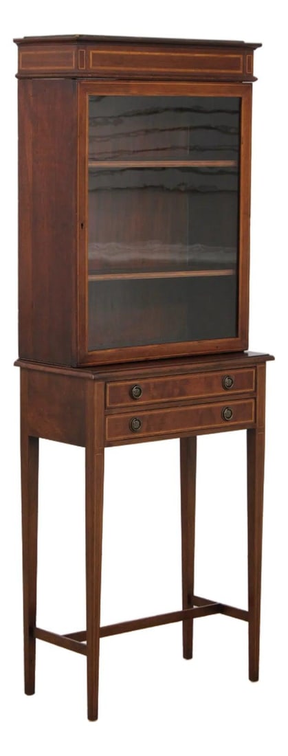 Edwardian Mahogany Display Cabinet with 2 Drawers 23w x 12.5d x 64.5h: Edwardian Mahogany Display Cabinet with 2 Drawers 23w x 12.5d x 64.5h Antique Edwardian curio cabinet in an English traditional style, made of mahogany with inlay work throughout. It features two draw