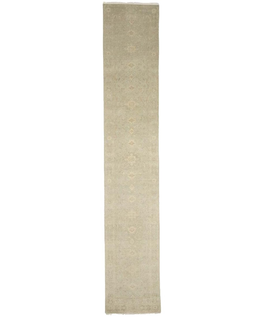 Hand-Knotted Wool Runner Rug Floral Pattern in Muted Aqua Blue 2'6 x 13'10: Hand-Knotted Wool Runner Rug Floral Pattern in Muted Aqua Blue 2'6 x 13'10 This handmade Oriental runner rug features a muted aqua blue floral pattern, offering a modern and transitional style suitabl