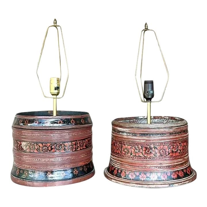 Set of 2 Vintage Asian Hand Painted Drum Lamps Brick Red (1 of 6)