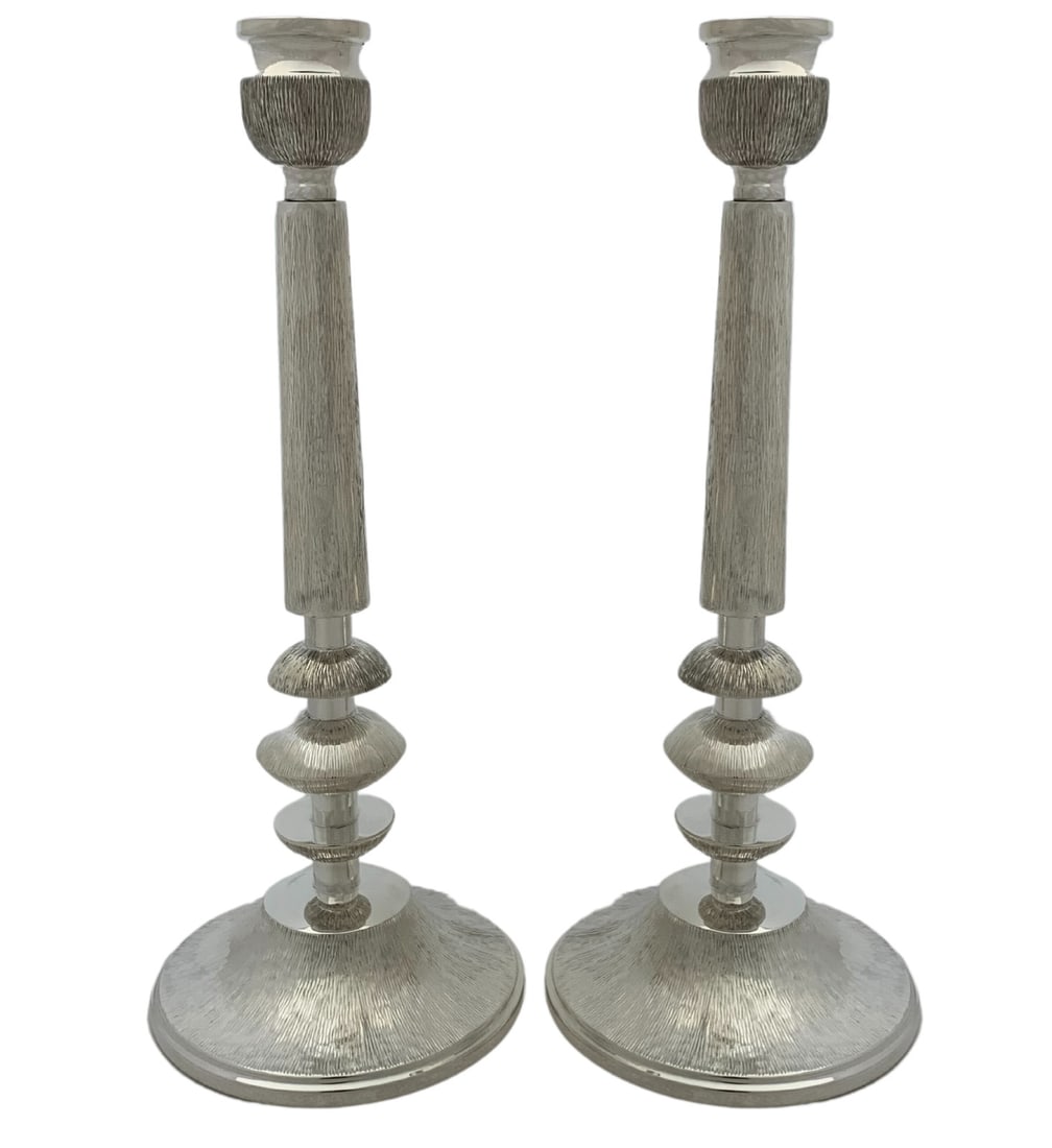 Handmade Modern Striated 925 Sterling Silver Round Candlesticks Pair (1 of 4)
