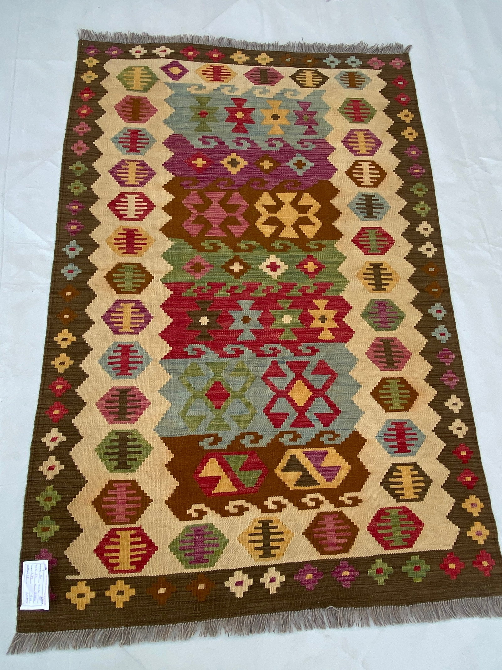 4x6 Light Brown Afghan Kilim Rug Handmade Tribal Geometric Wool: 4x6 Light Brown Afghan Kilim Rug Handmade Tribal Geometric Wool Free continental US Shipping Introducing a captivating 4' x 6' Light Brown Handmade Afghanistan Kilim Rug, a true masterpiece of artisan
